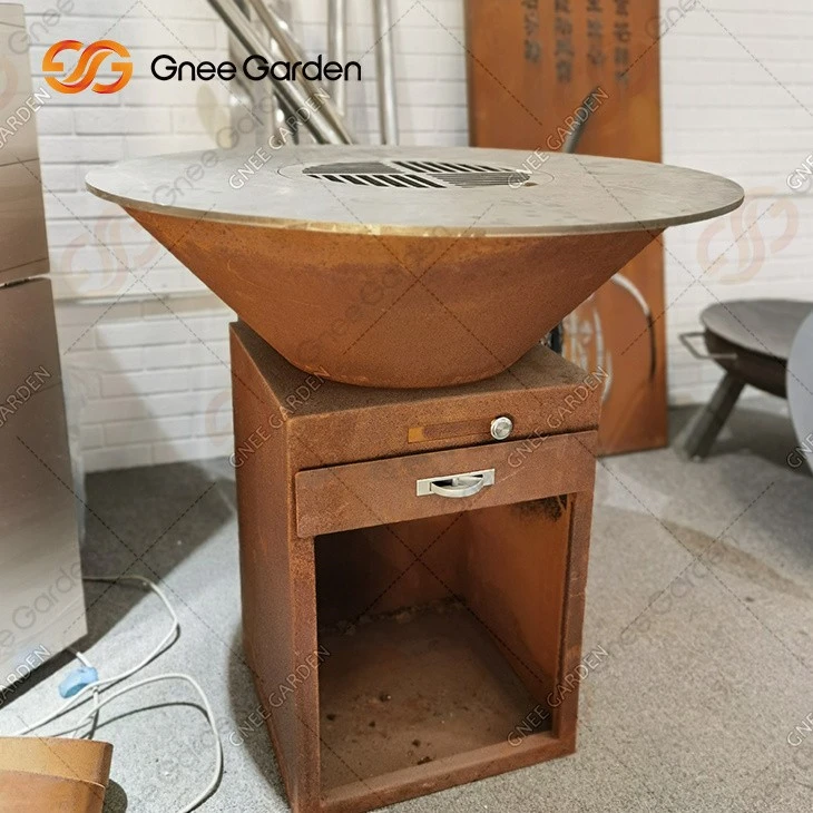 Outdoor Corten Steel Fire Pit With Barbecue Grill Wooden Grill Bbq